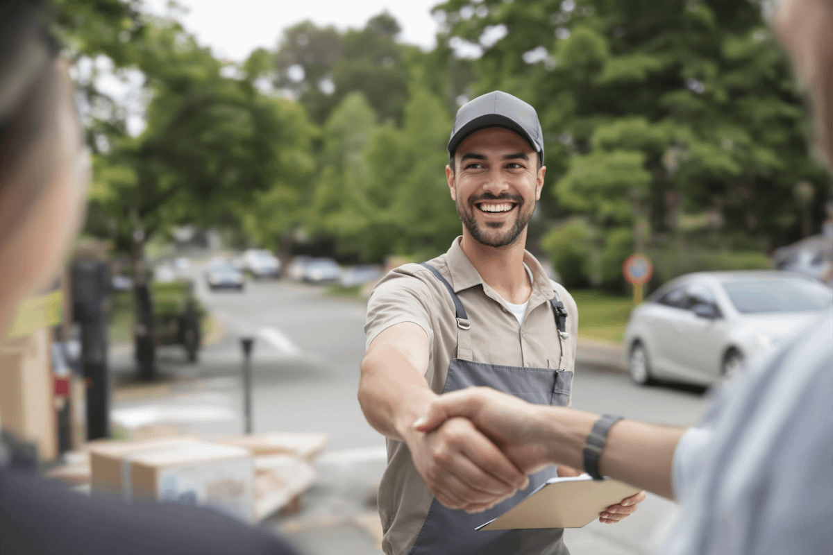 A friendly delivery worker shakes hands with a customer in a suburban neighborhood, holding a clipboard and surrounded by packages.