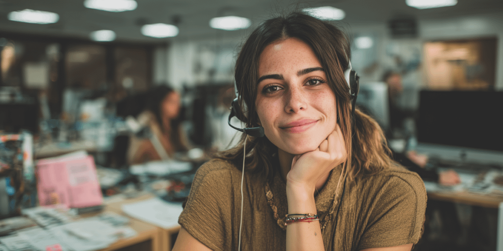 A friendly customer service representative with a headset in a busy office, ready to assist. Perfect for business or support-related themes.