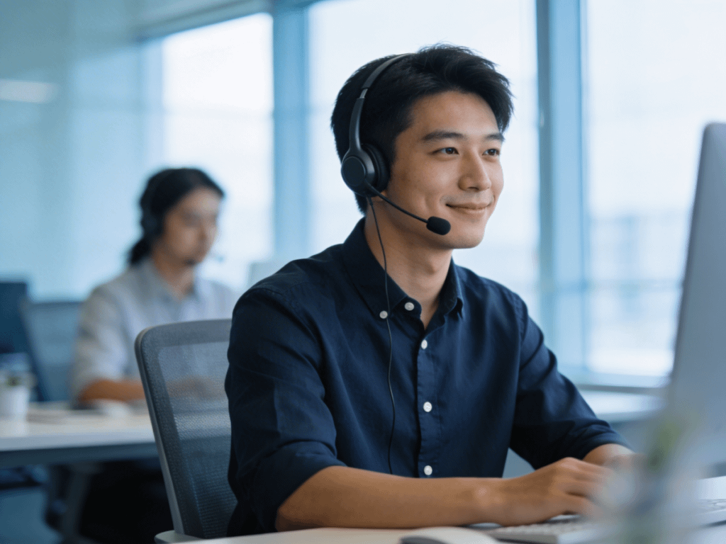 A professional in a modern office setting, wearing a headset and working on a computer, with a bright and collaborative atmosphere.