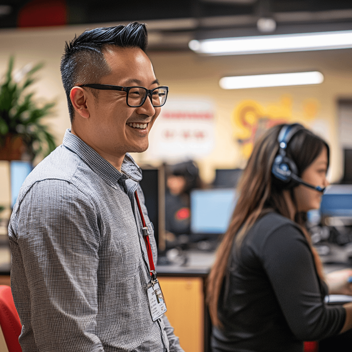 Smiling man in office with ID badge, standing near a woman with headset at a computer. Professional and lively office environment.