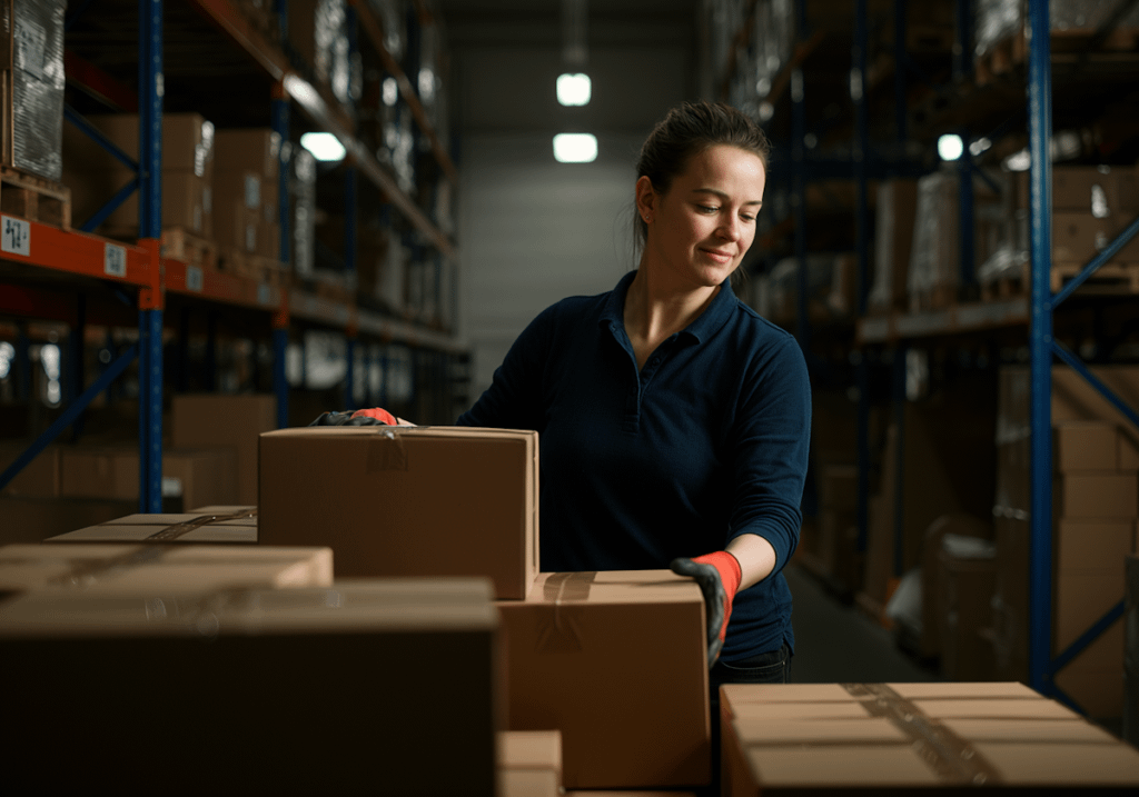 A woman in a warehouse organizing boxes, wearing a navy shirt and gloves, surrounded by shelves filled with packages.