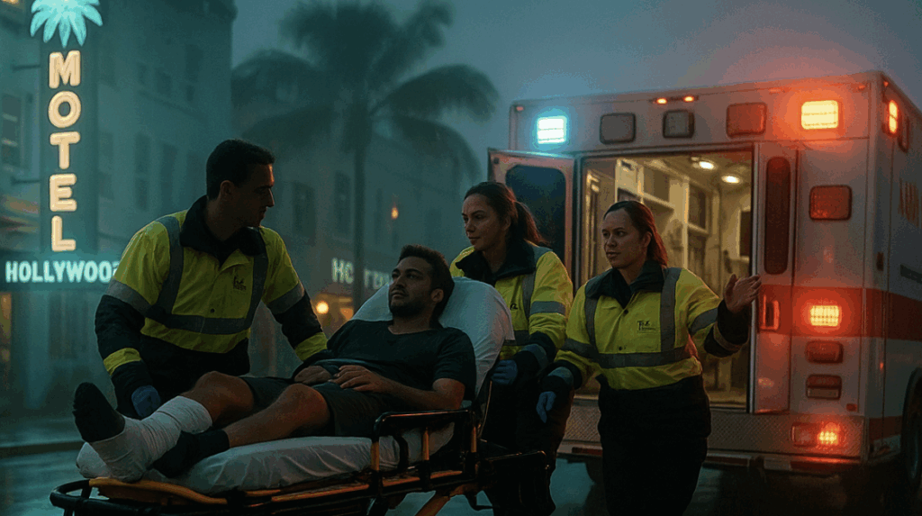 Two paramedics briskly wheel an injured cyclist with a splinted leg toward an ambulance, one medic maintaining eye contact and reassuring the patient while another signals to the driver; the patient grips the stretcher rail