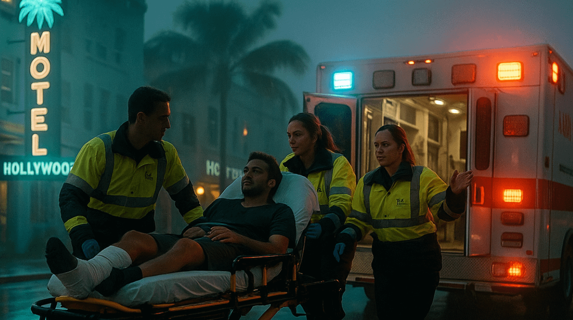 Two paramedics briskly wheel an injured cyclist with a splinted leg toward an ambulance, one medic maintaining eye contact and reassuring the patient while another signals to the driver; the patient grips the stretcher rail