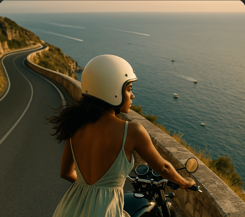 A woman rides a sleek black café‑racer along a high coastal road, pausing with one hand on the throttle as she turns her shoulders toward a panoramic seascape