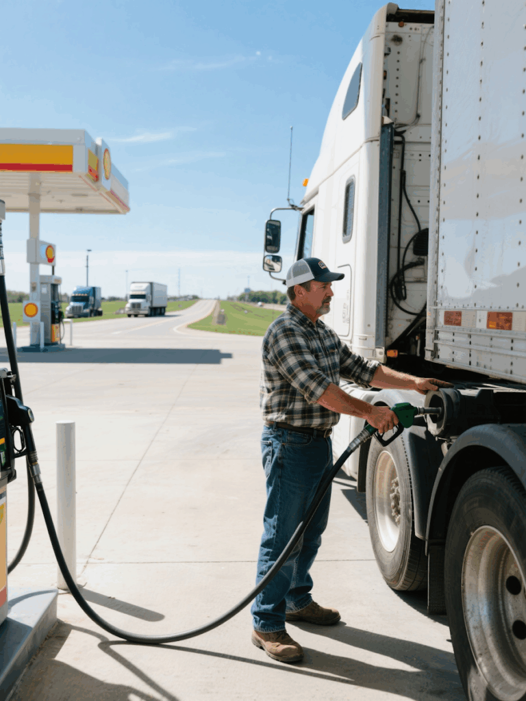 A person refueling a truck on a sunny day