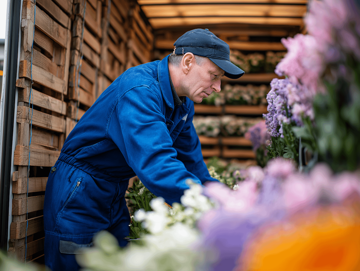 A man in a blue jumpsuit arranges vibrant flowers in a delivery truck, surrounded by crates and colorful blooms