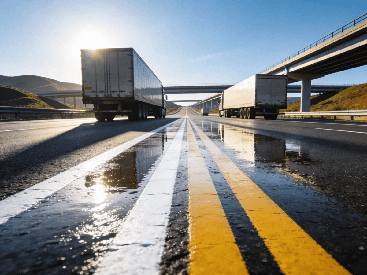 Two trucks on a wet highway under a sunny sky, with reflections on the road and overpasses in the background.