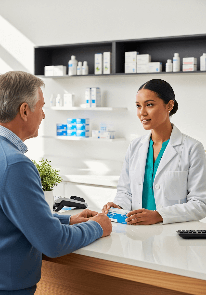 A pharmacist in a white coat assists a customer at a modern pharmacy counter, holding a medication box. Shelves with products in the background.