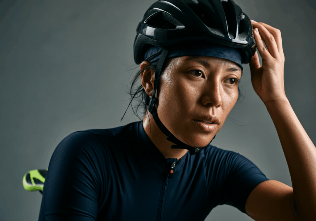 Focused cyclist in a black helmet and dark blue jersey