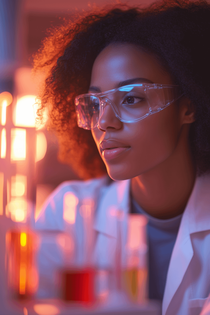 A woman in a lab, wearing goggles, focused on experiments with warm lighting and test tubes in the background.