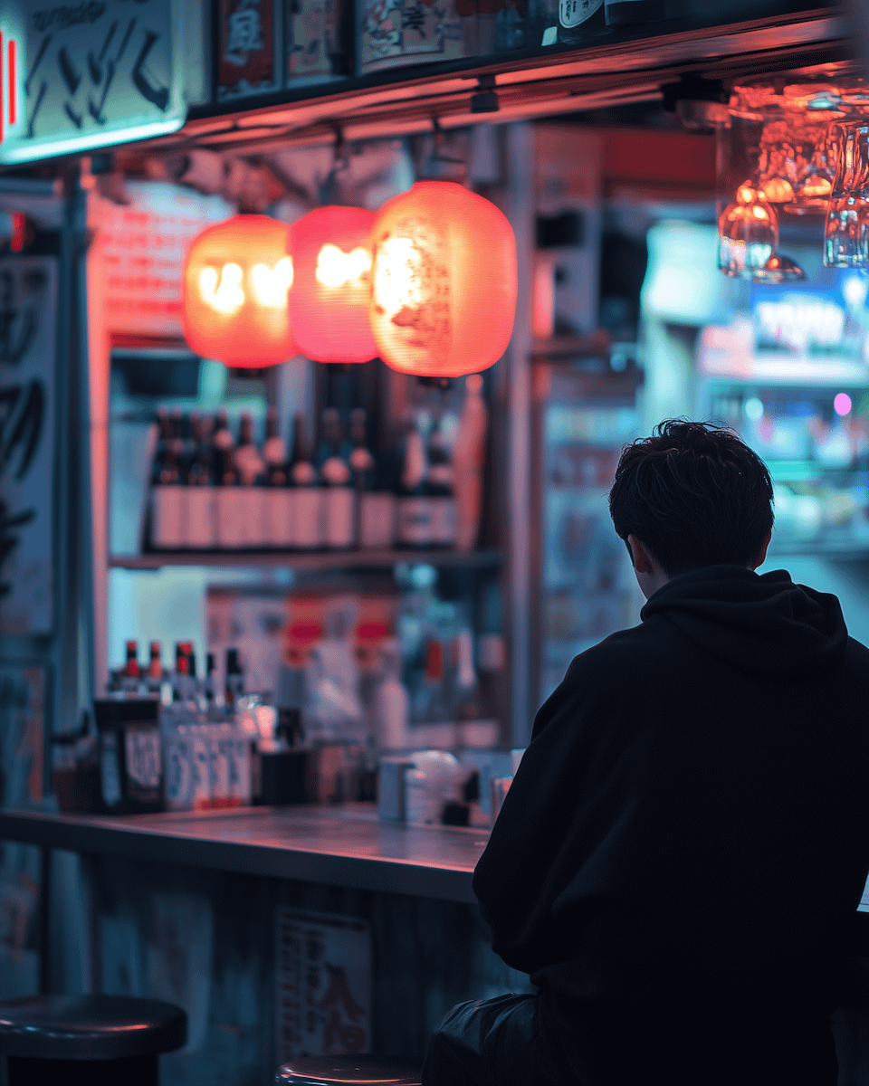 A solitary figure in a black hoodie sits at a dimly lit bar with red lanterns