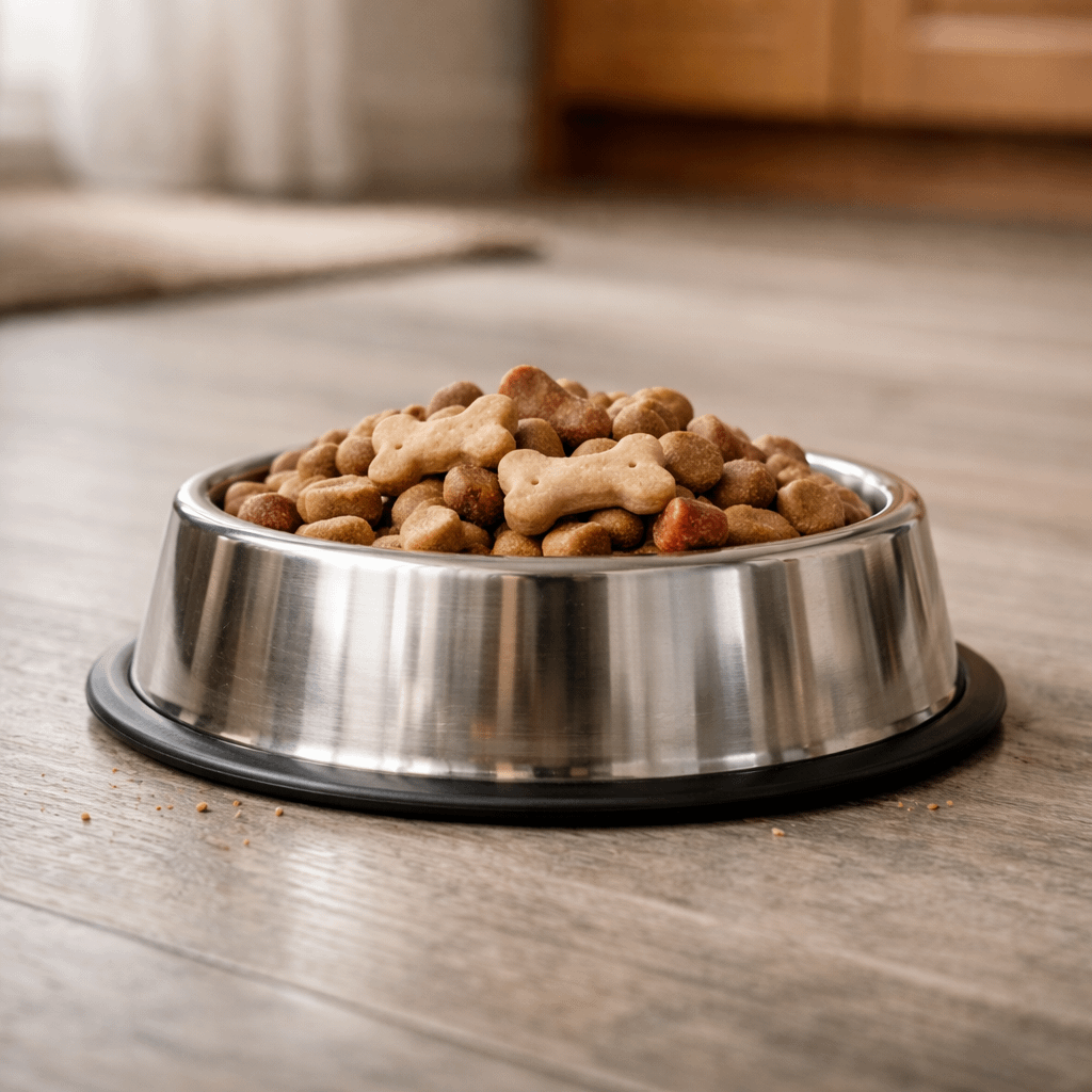 A full bowl of dog treats in a cozy kitchen