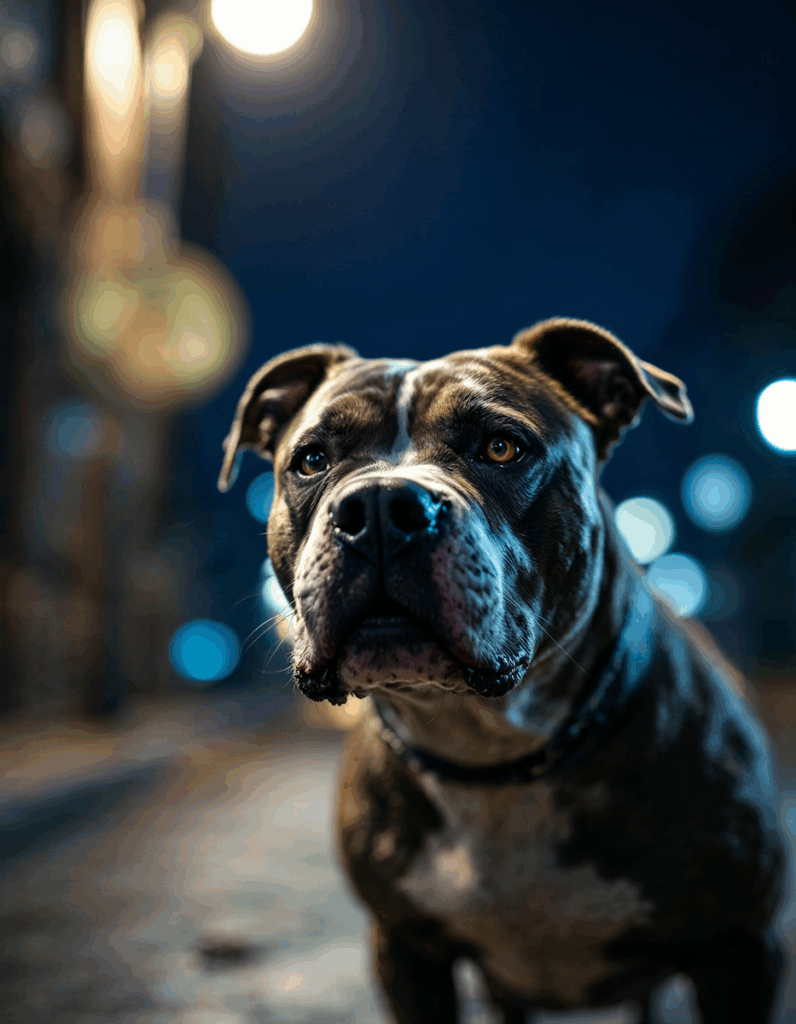 Close-up of a brindle dog with white markings, set against a dimly lit street with bokeh lights, creating a dramatic and intense scene.