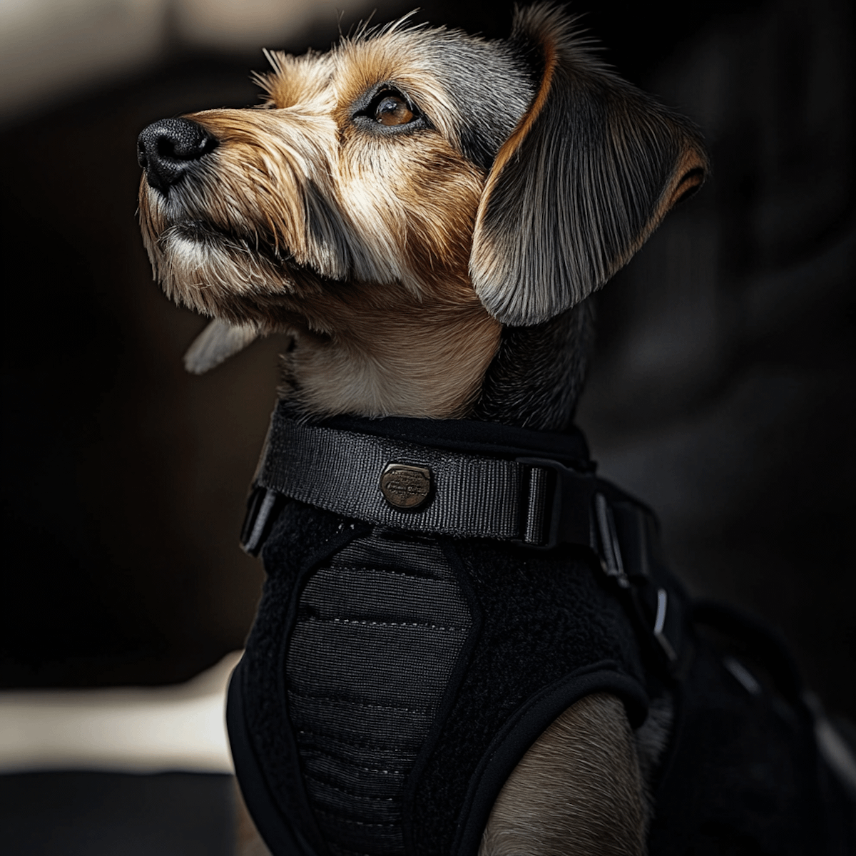 Small dog with tan and black fur wearing a black harness, gazing upward with a focused expression against a dark background