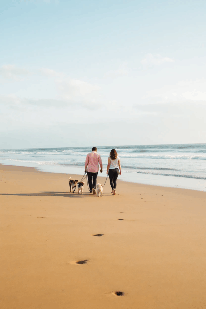Couple walking three dogs on a serene beach, leaving footprints in the sand under a clear blue sky