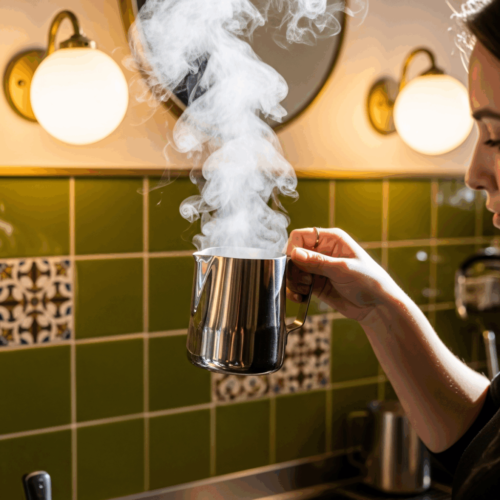 A steaming stainless steel pitcher held in a rom with green tiles and warm lighting