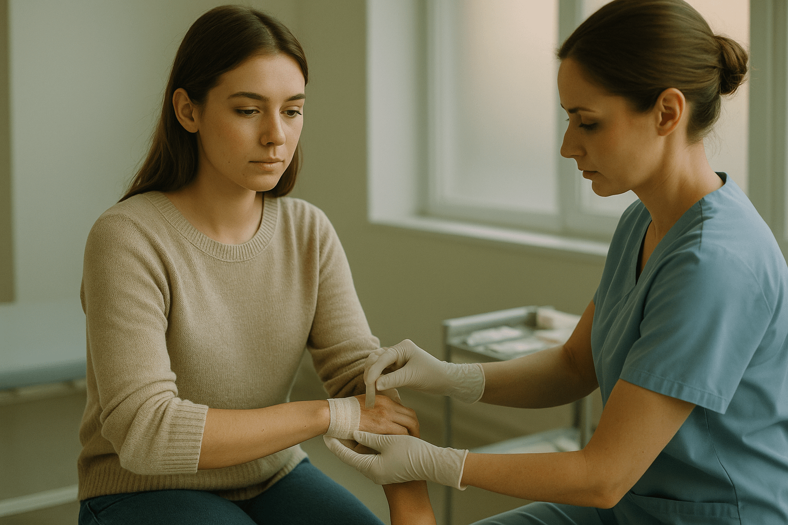 A woman with a neutral expression sits in a sunlit rehabilitation studio, gently applying aloe gel to a healing forearm burn wrapped in soft sterile gauze while a focused nurse adjusts the bandage