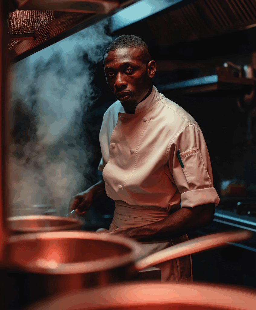 A skilled chef in a focused moment, surrounded by steam in a professional kitchen