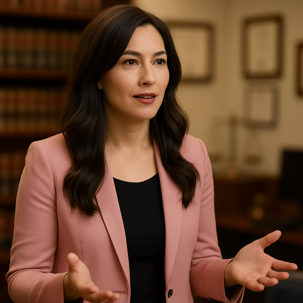 Woman in a blush pink blazer gesturing as she speaks, long dark hair, in a blurred law office with bookshelves and framed diplomas
