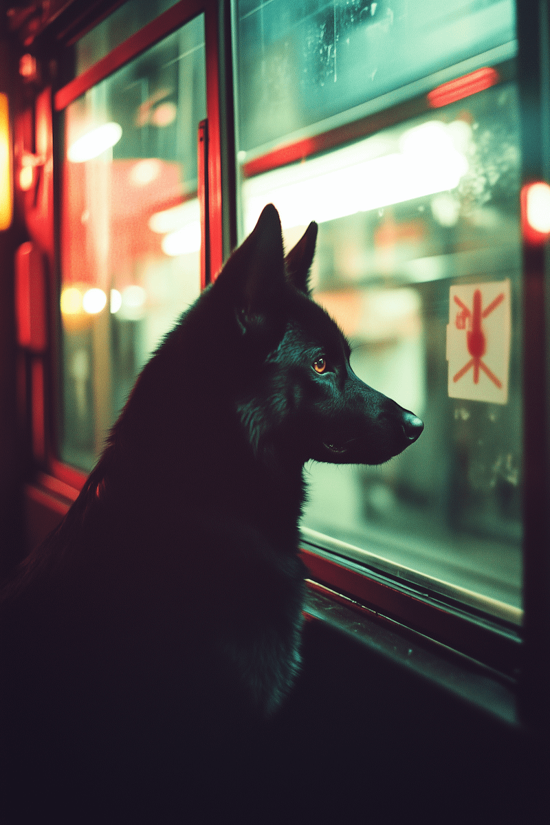 A black dog gazes out a window, illuminated by red and green neon lights
