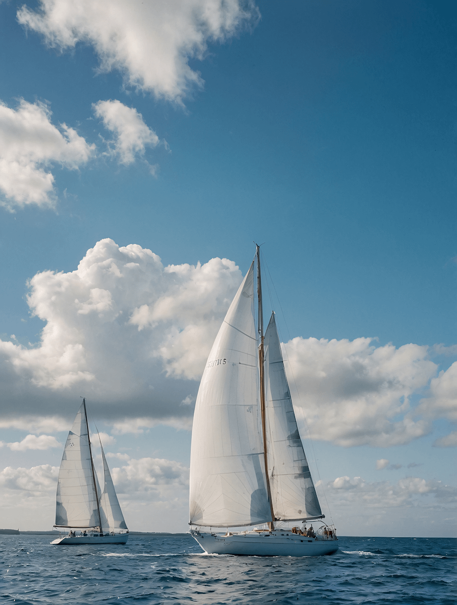 Two sailboats with white sails glide on a calm blue ocean under a sunny sky with scattered clouds