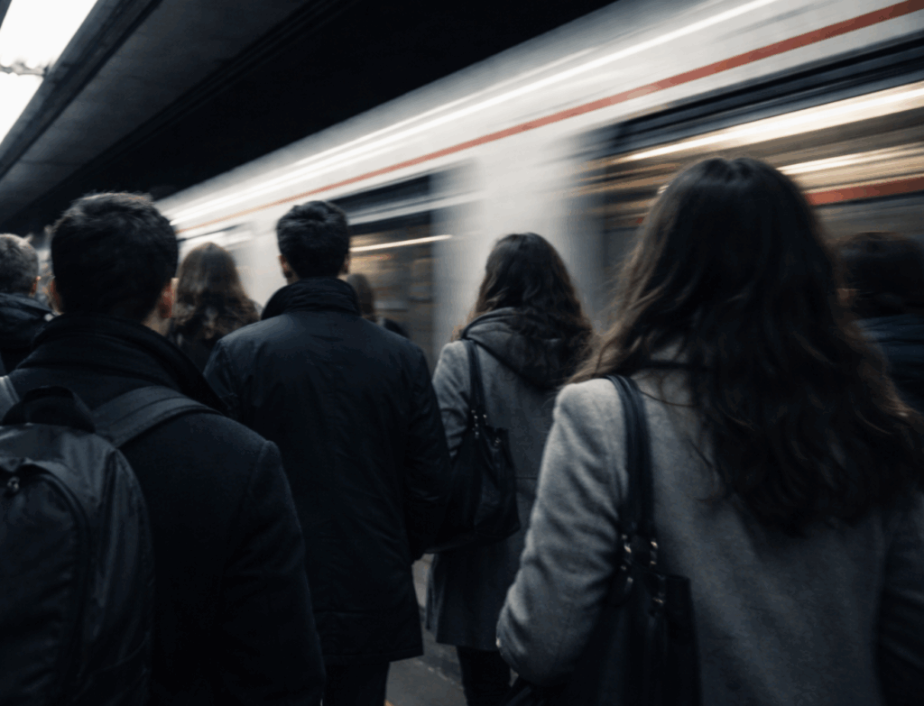 A group of people heading toward a speeding train