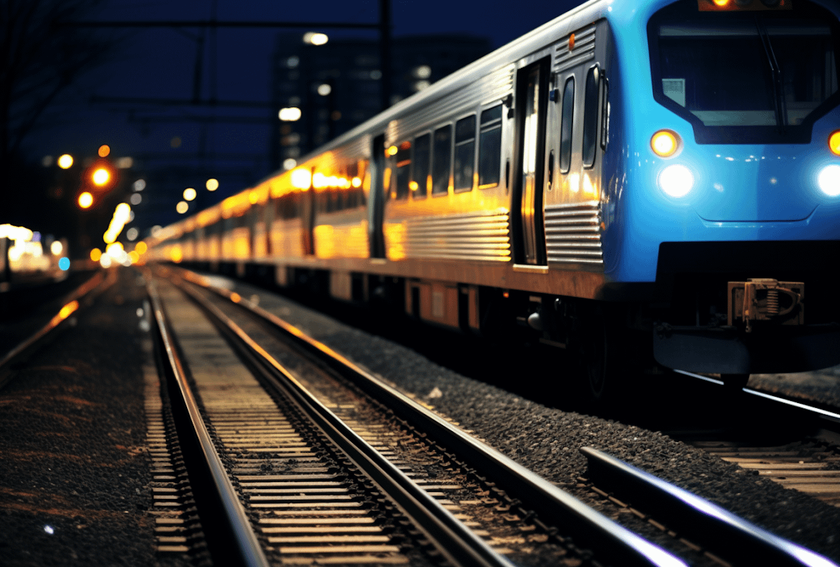 Nighttime train with blue front and glowing lights on tracks