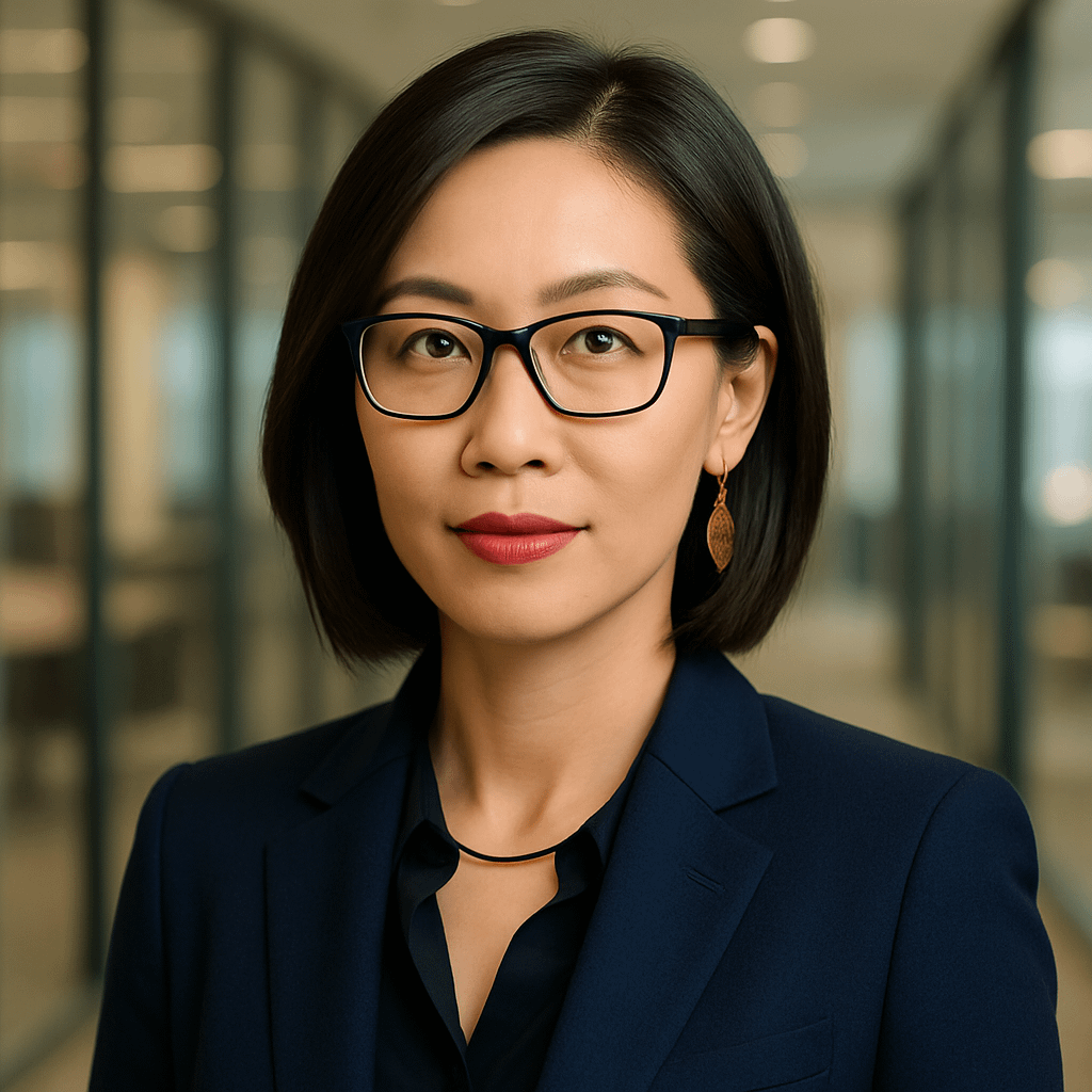 A woman in a navy suit and black glasses, bob haircut and gold earrings, against a softly blurred glass‑walled office