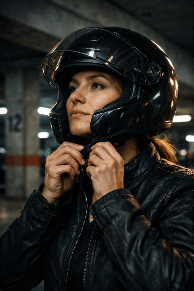 A woman fastening a motorcycle helmet in a dim parking garage