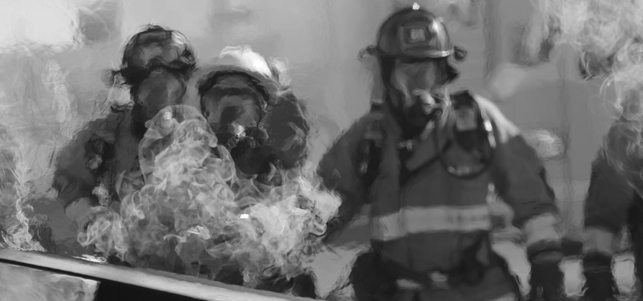Firefighters in black and white, with smoke billowing from their helmets