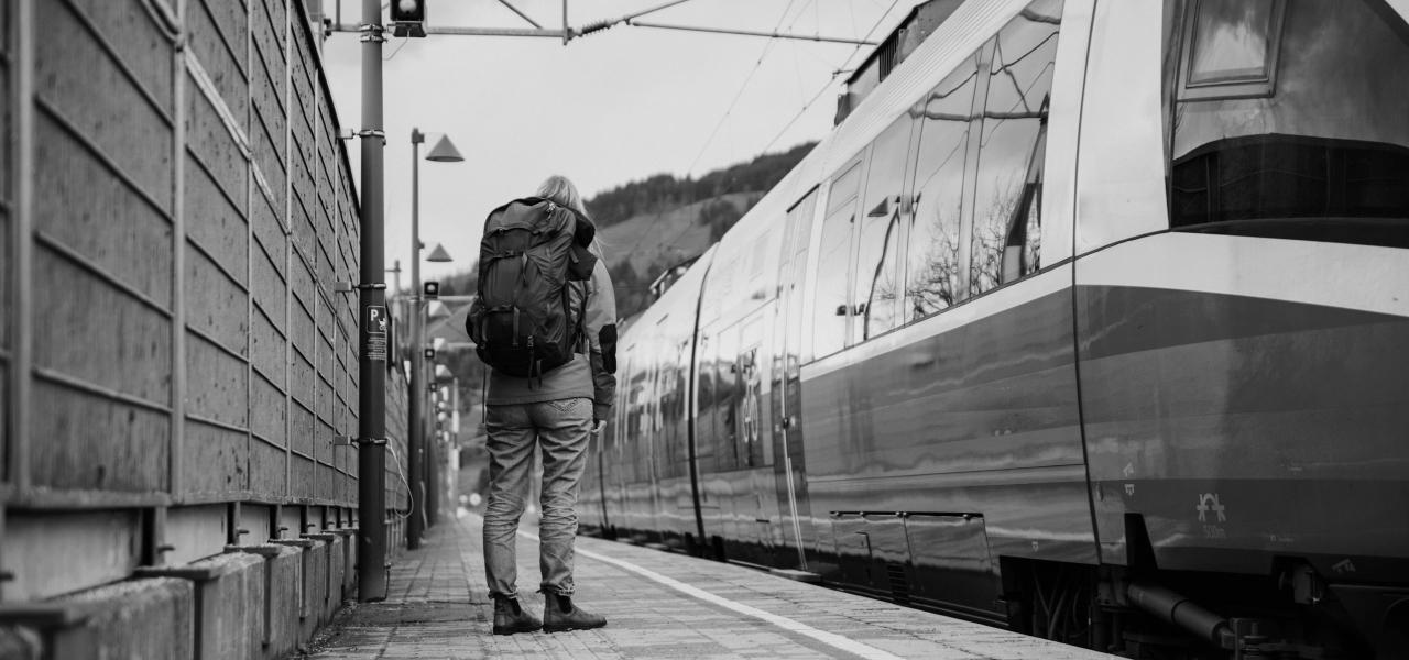 A person with a backpack stands beside a train, looking towards the platform in a busy train station