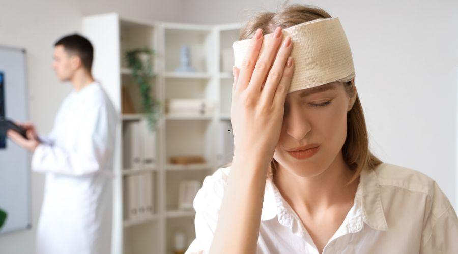 a woman with a bandaged head