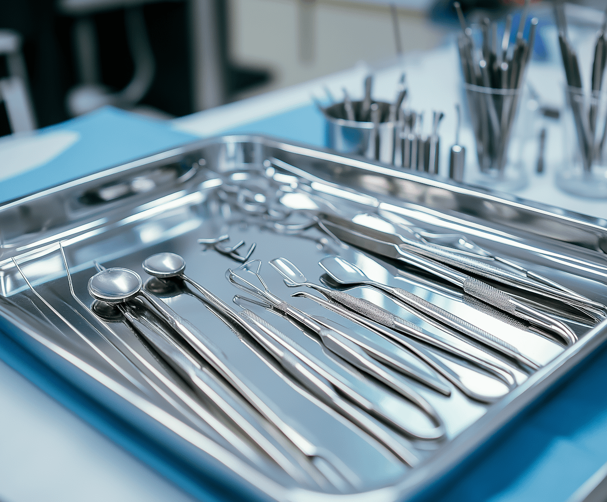 Stainless steel dental instruments neatly arranged on a tray in a clinical setting, reflecting a clean and professional environment