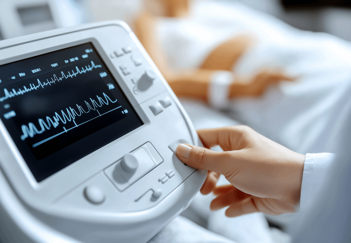 Close-up of a medical monitor with ECG reading, a hand adjusting controls, and a patient in the background in a clinical setting