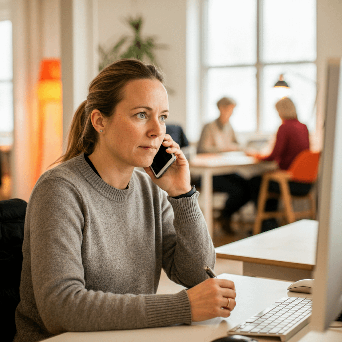 Focused woman in gray sweater on phone call at office desk, taking notes