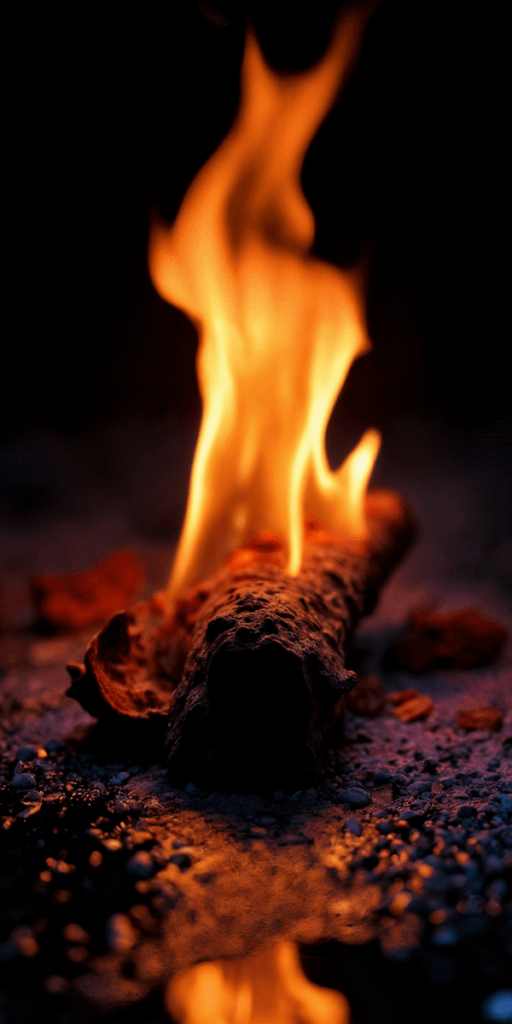 A close-up of a burning log with vivid flames and a reflective surface, creating a warm and dynamic visual contrast.