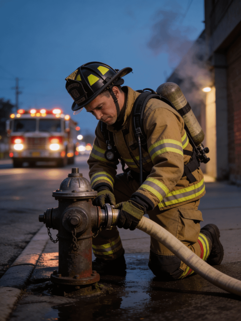 A firefighter connects a hose to a hydrant at dusk, with a fire truck in the background and steam rising nearby, creating a dramatic scene.