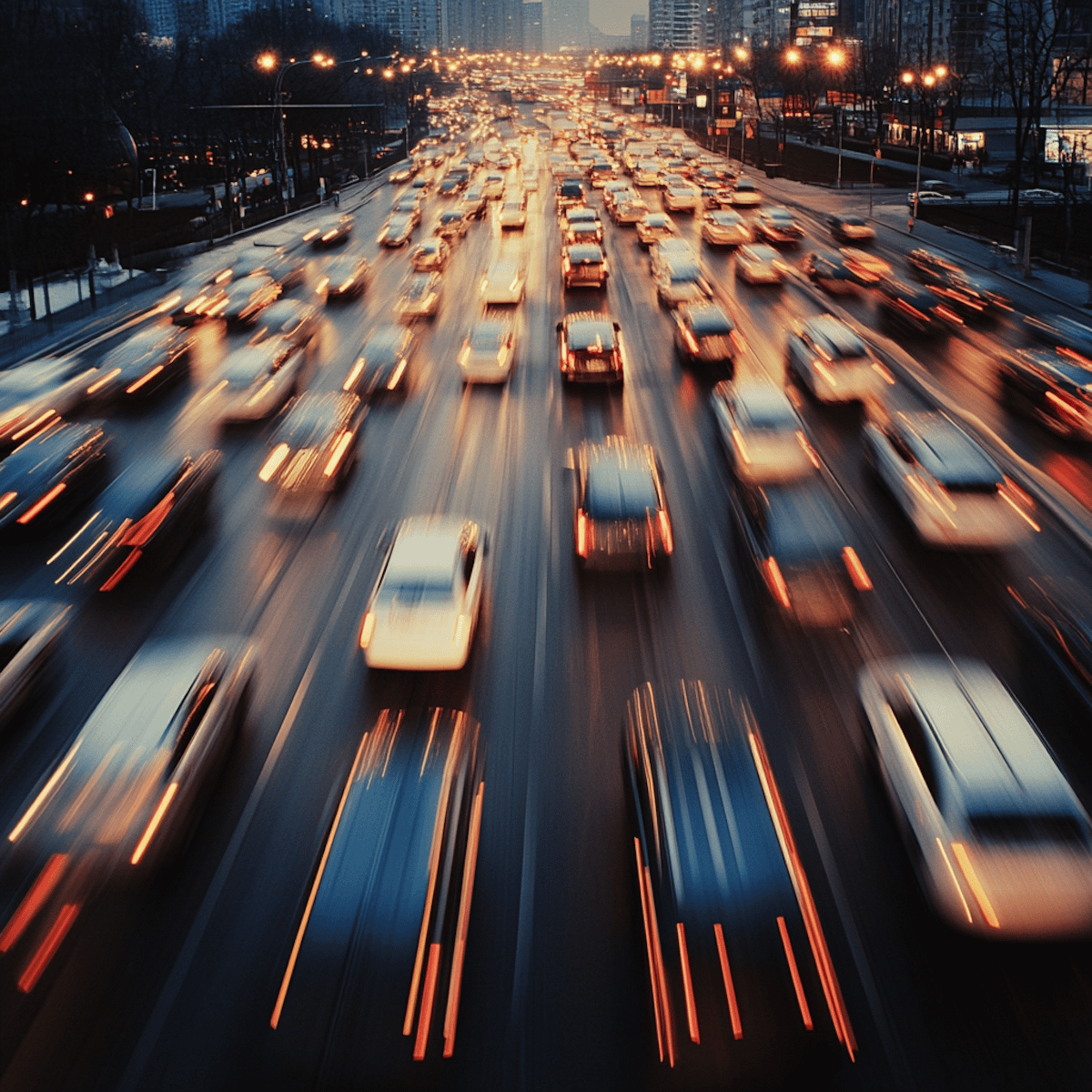 Dynamic city traffic at night with blurred motion, streaks of light, and a warm urban glow