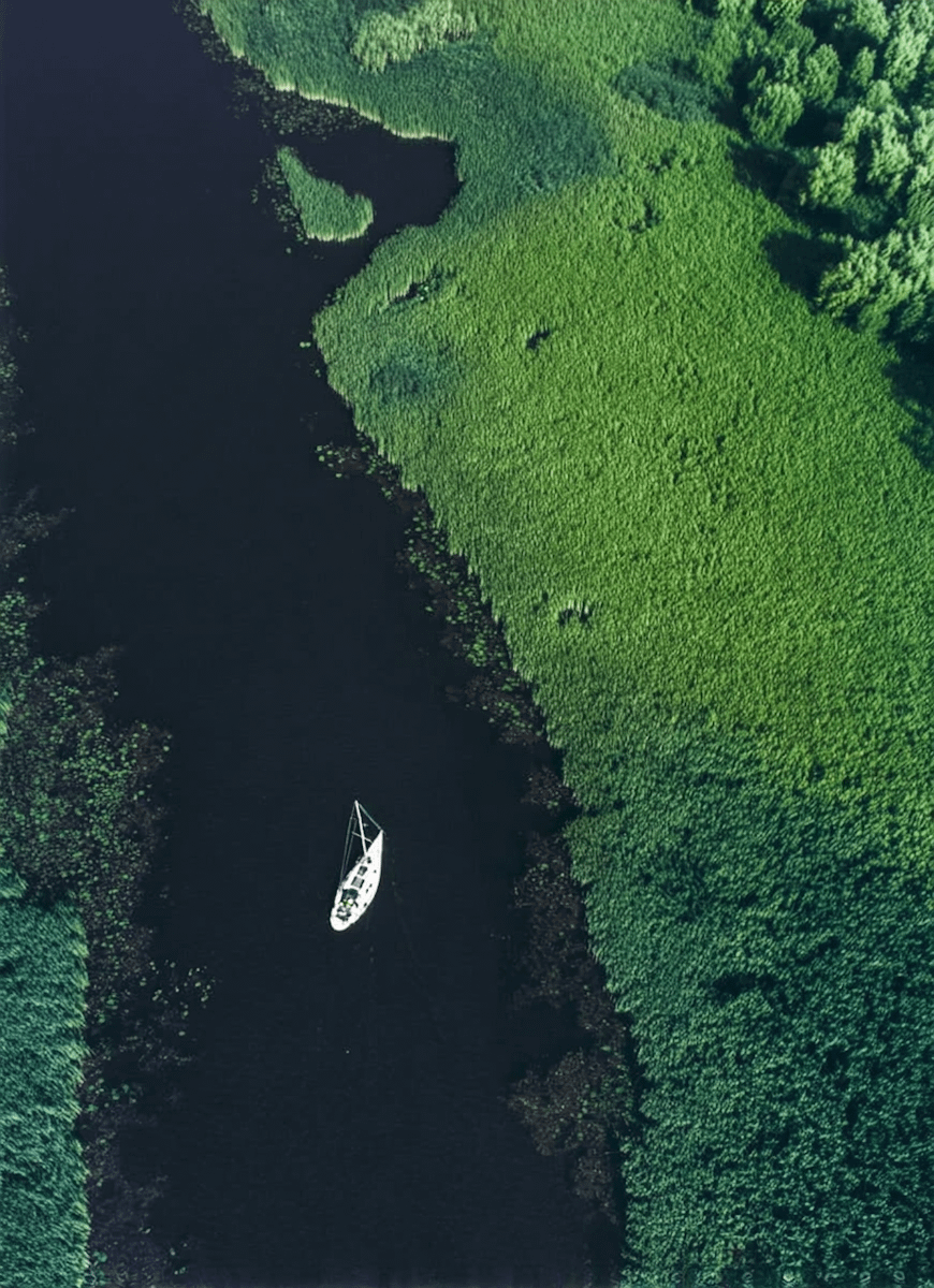 Aerial view of a white sailboat on a dark waterway surrounded by vibrant green vegetation