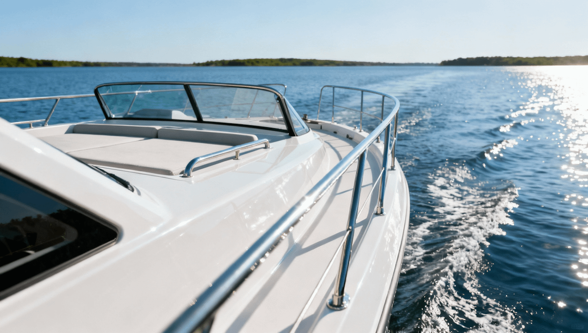 A white motorboat cruising on a calm blue lake with a green shoreline in the distance under a clear sunny sky.