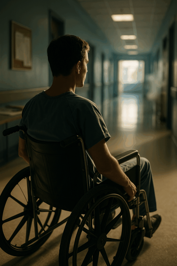 A person in a wheelchair sits in a softly lit hospital hallway, facing a bright corridor ahead with natural window light highlighting their silhouette, symbolizing the challenges and recovery journey after a catastrophic injury
