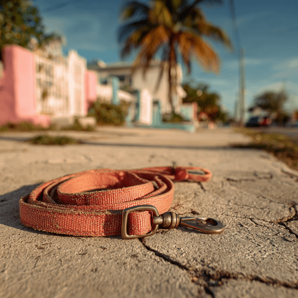 a dog leash wrapped in a coil lying on the sidewalk