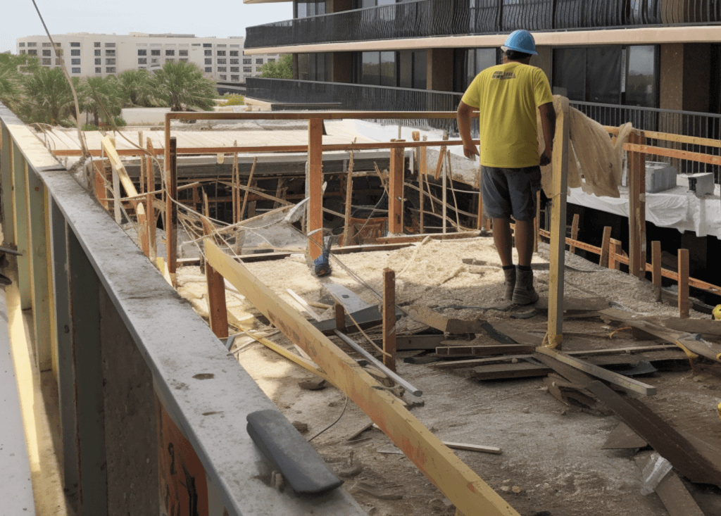 A construction worker in a hard hat is actively working on a building site, surrounded by scaffolding and tools