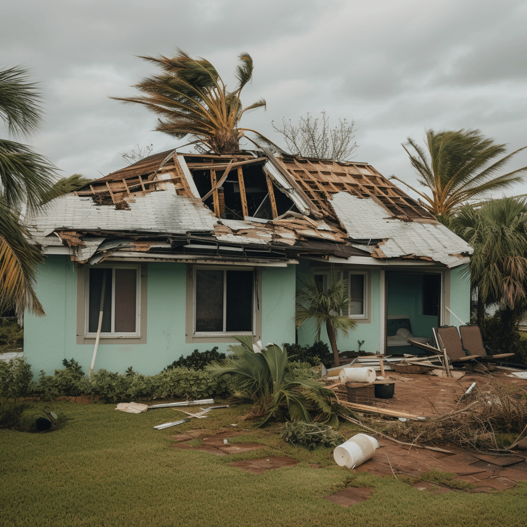 A house with a cracked roof, presumably due to hurricane