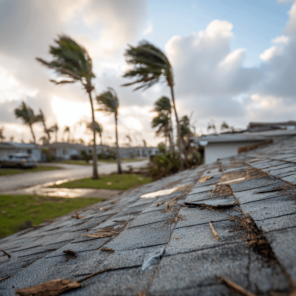 a closeup of a the roof of a florida home with trees being blown by the wind in the background