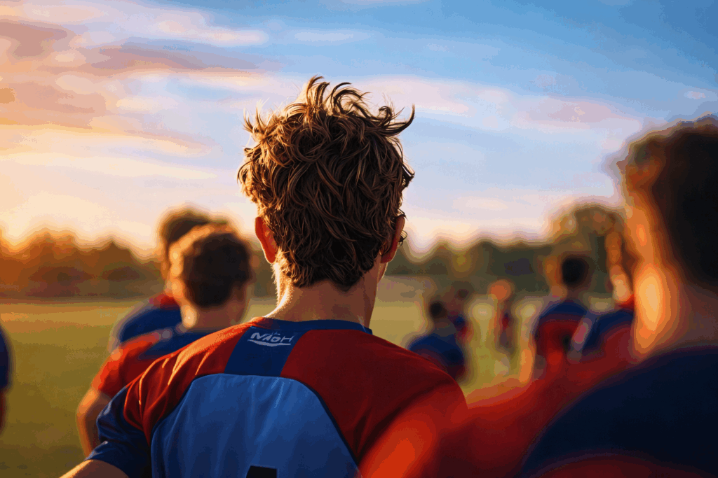 A shot of a soccer player with tousled hair, wearing jerseys