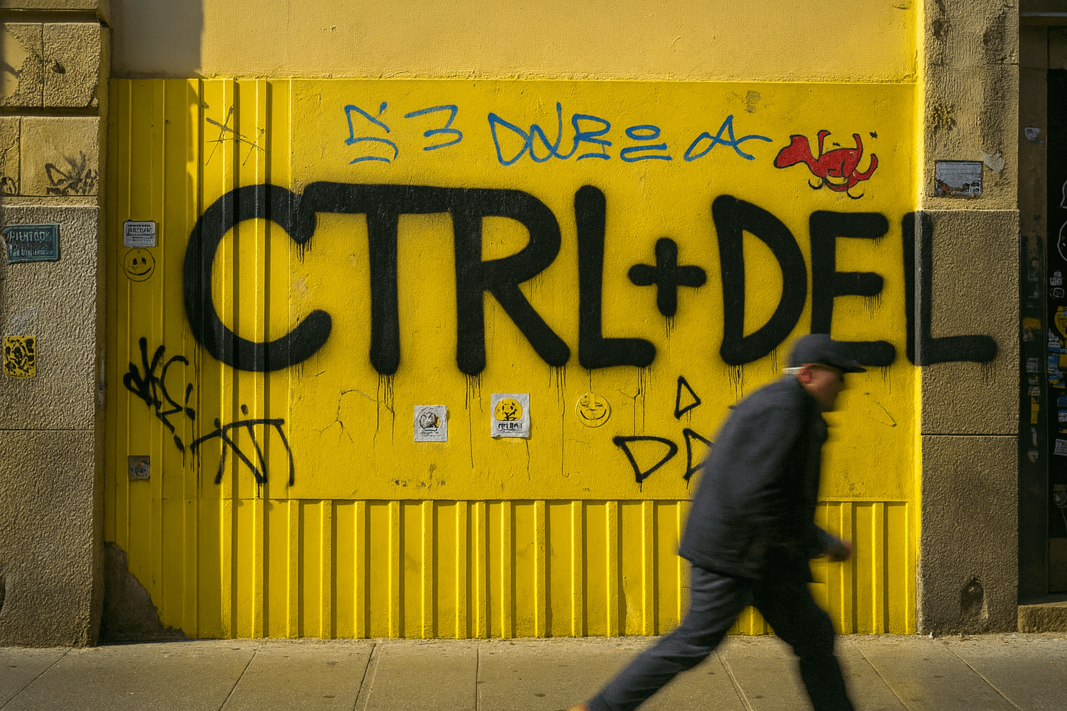 A bright yellow metal fence covered in large black graffiti reading “CTRL + DEL,” surrounded by smaller tags and stickers. A man in dark clothing walks past in the foreground, captured with motion blur against the urban street backdrop