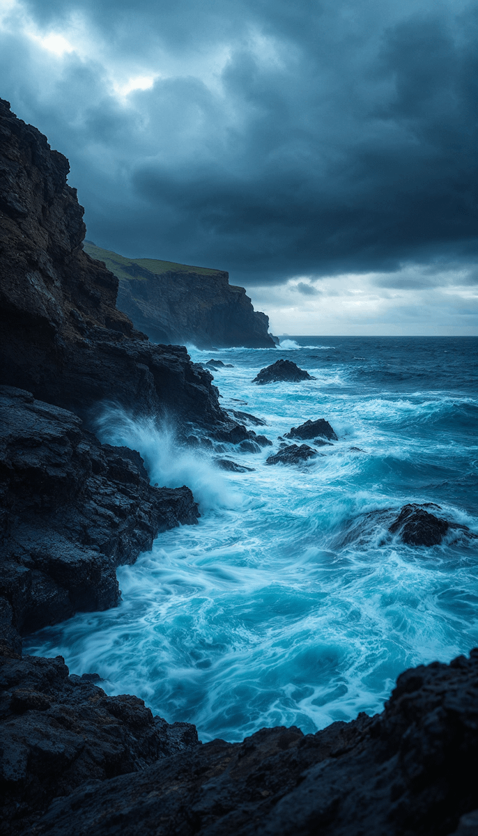 Dramatic coastal scene with dark cliffs and turquoise waves under a stormy sky