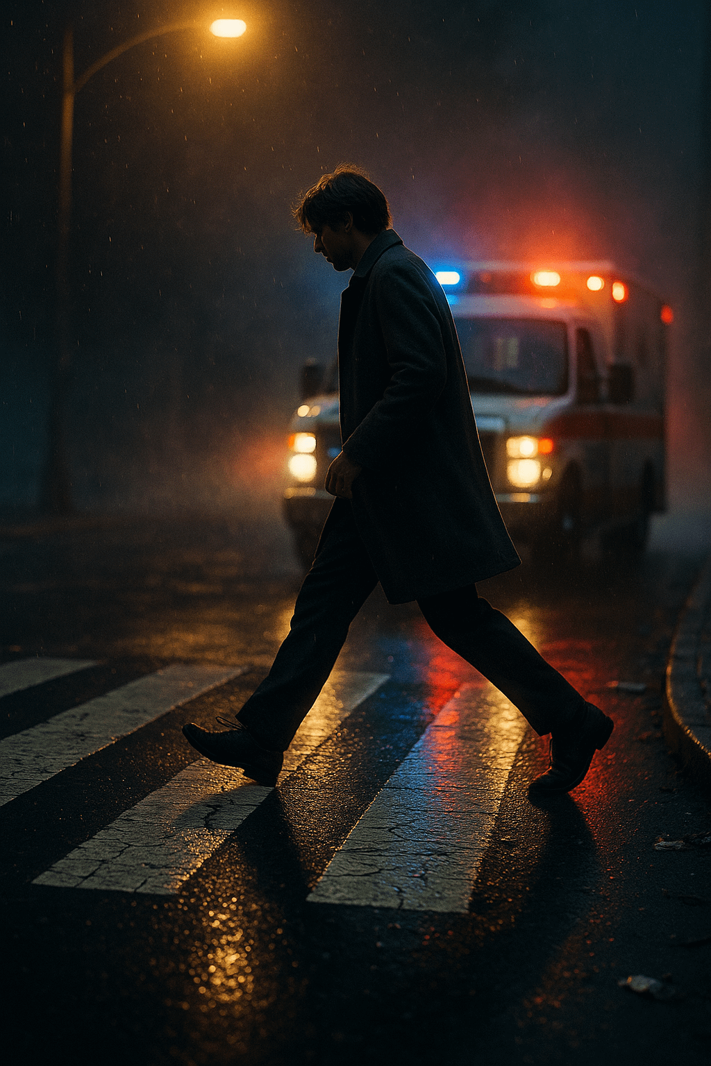 A man in a dark overcoat walks across a rain-slick zebra crossing at night, the wet stripes reflecting a warm streetlamp glow and the red-blue flashing lights of an ambulance trailing behind