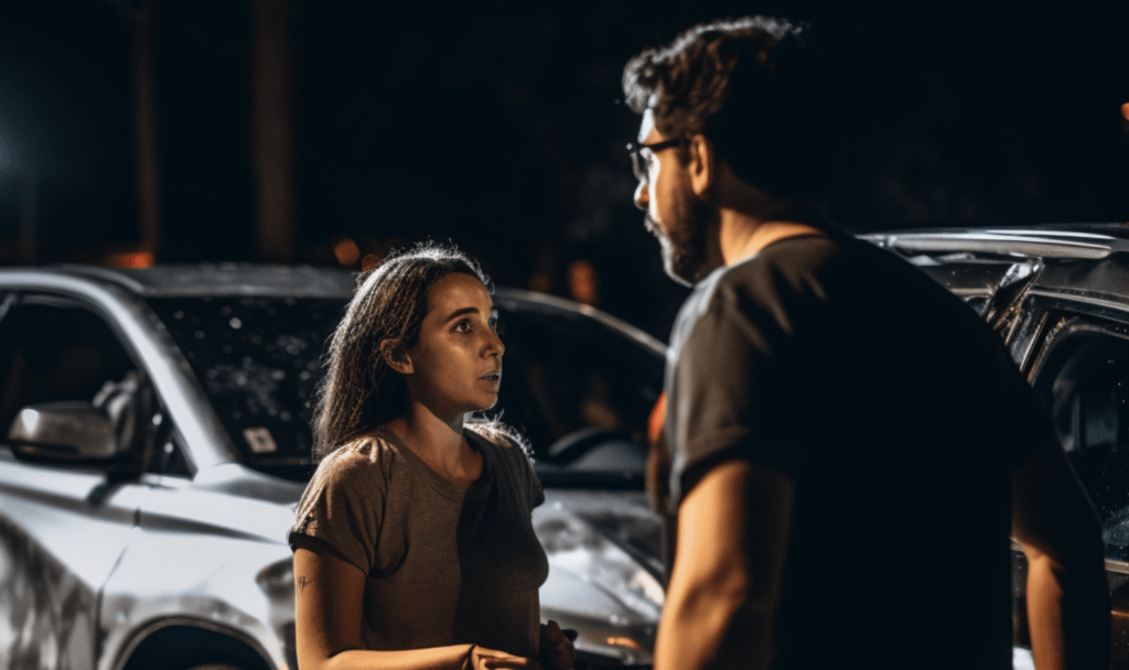 A man and woman argue beside a parked car at night, illuminated by streetlights